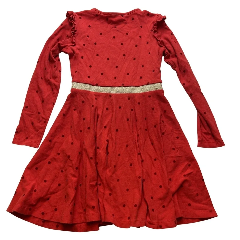 Mini Boden Girls Dress 8-9Y Red Polka Dotted Jersey Knit Party Ruffled Gold
